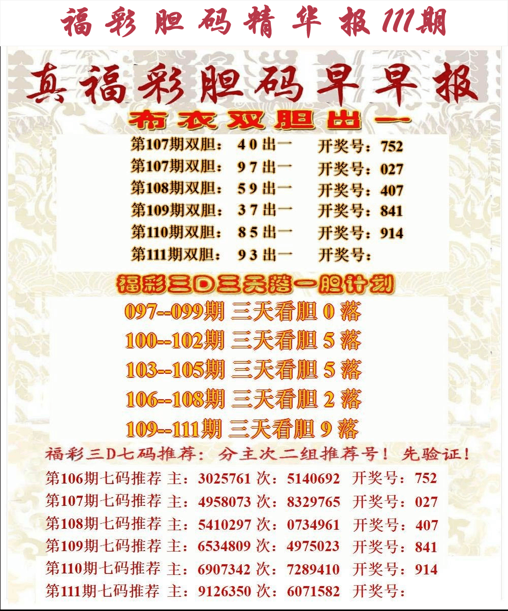 第25年111期福彩胆码精华报