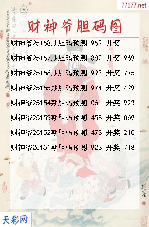 3d第25157期财神爷胆码图