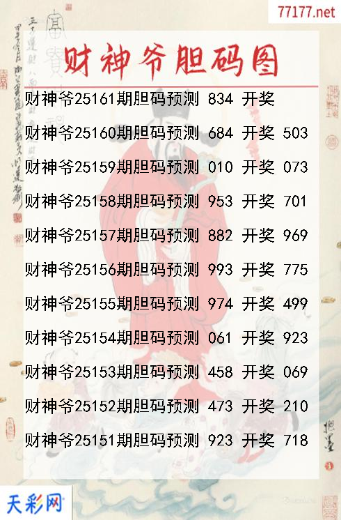 3d第25160期财神爷胆码图
