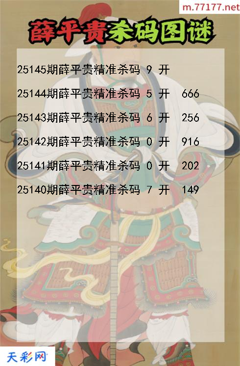 薛平贵第25144期福彩3d杀码图谜