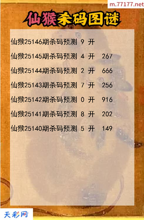 3d仙猴第25145期杀码图谜