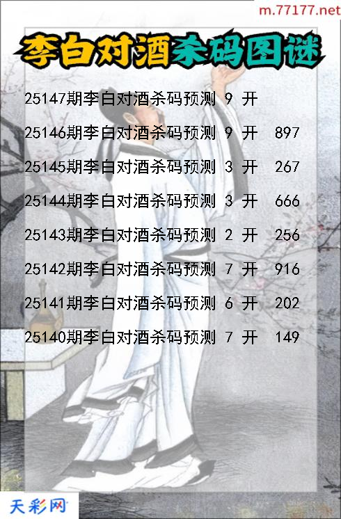 第25146期福彩3d李白对酒杀码图谜