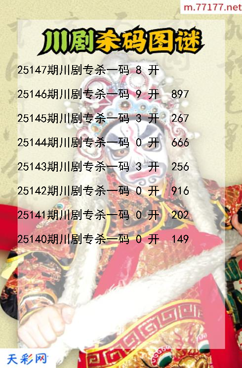 川剧第25146期福彩3d杀码图谜