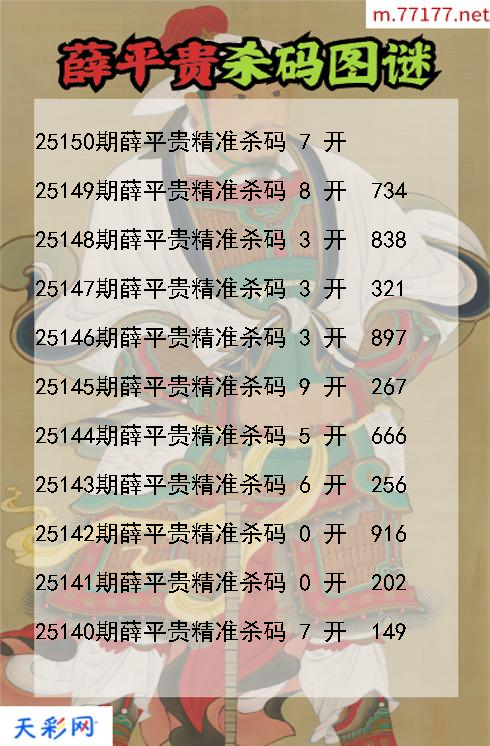 薛平贵第25149期福彩3d杀码图谜