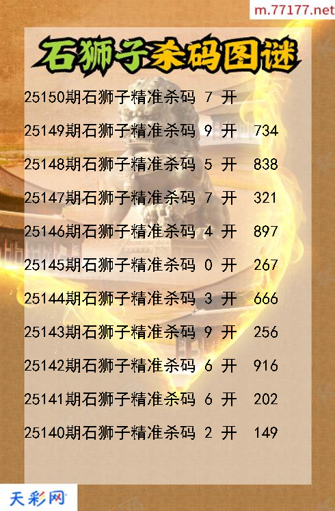 第25149期福彩3d石狮子杀码图谜