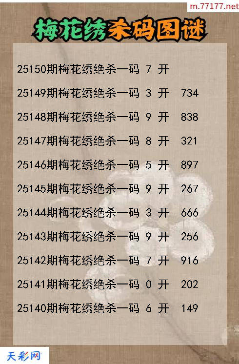 第25149期福彩3d梅花绣杀码图谜