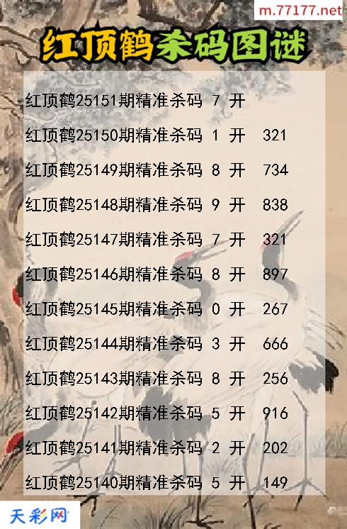 3d第25150期红顶鹤杀码图谜