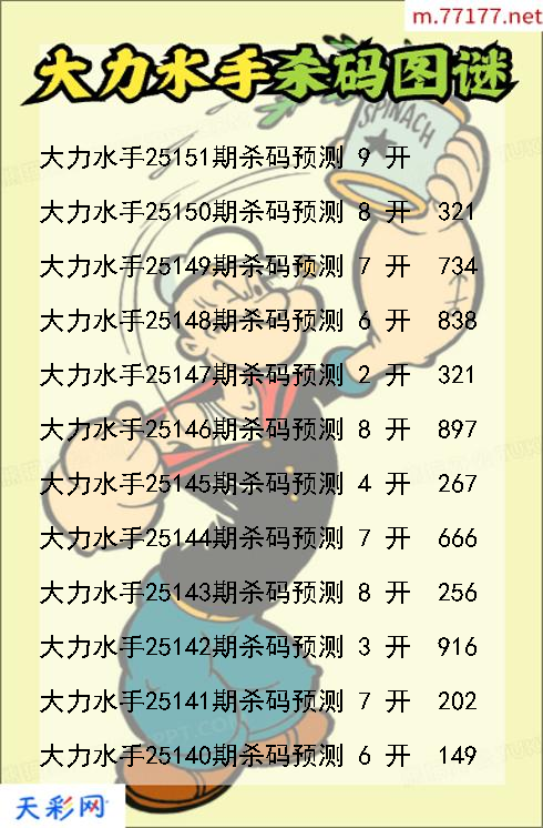 福彩3d第25150期大力水手杀码图谜