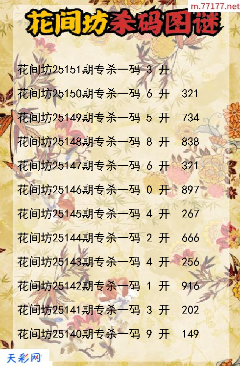 第25150期花间坊3d杀码图谜