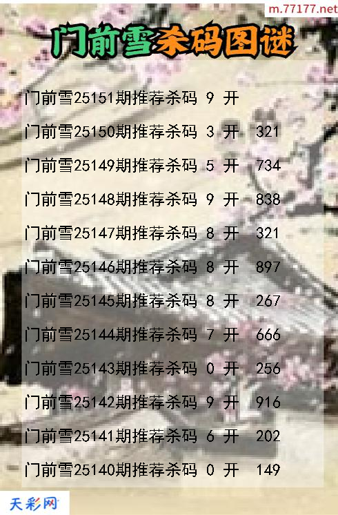 3d门前雪第25150期杀码图谜