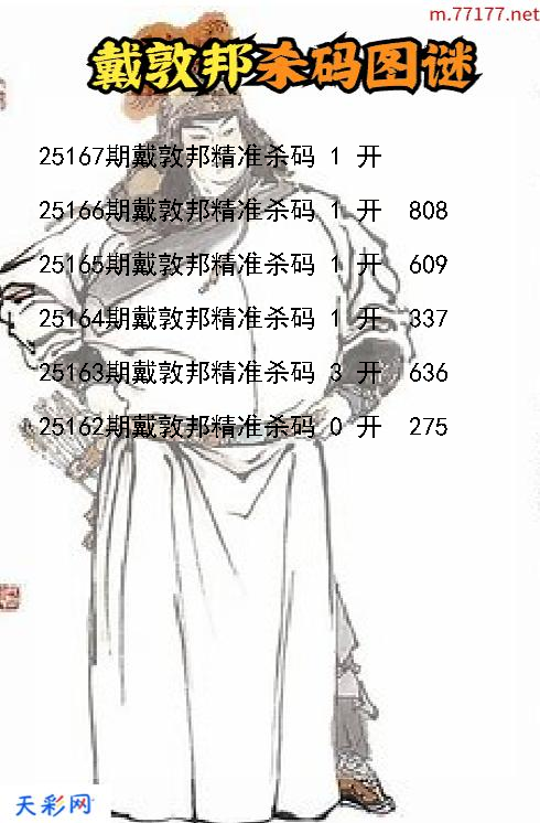 戴敦邦第25166期福彩3d杀码图谜