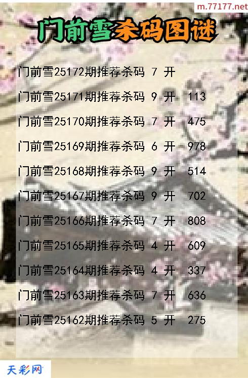 3d门前雪第25171期杀码图谜