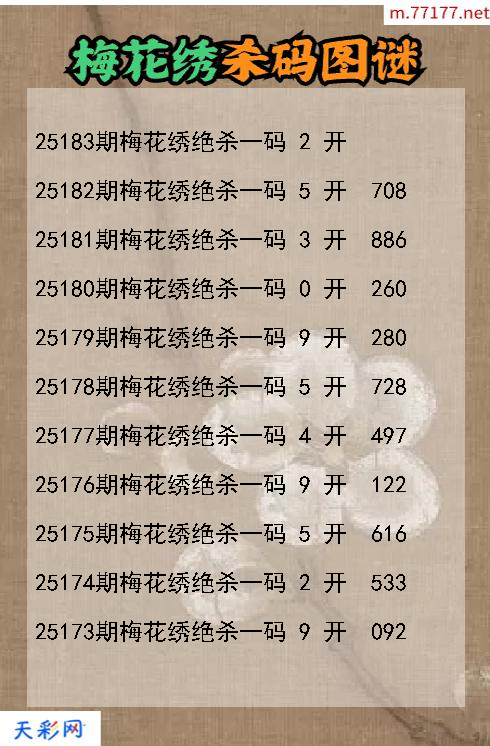 第25182期福彩3d梅花绣杀码图谜