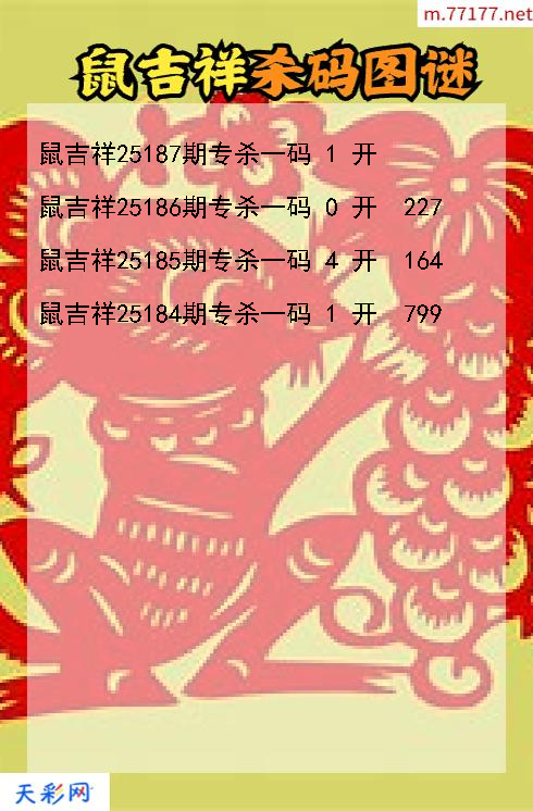 福彩3d第25186期鼠吉祥杀码图谜