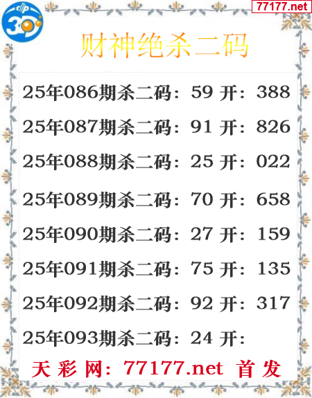 财运图25年093期3d财神杀码图