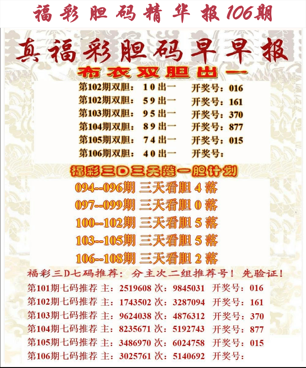 第25年106期福彩胆码精华报
